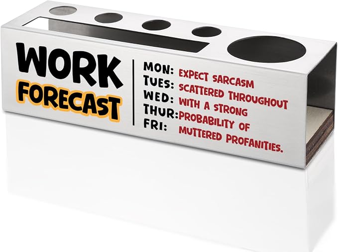 FOKCBOCM Funny Office Pen Holder with Work Forecast Design, Stainless Steel Desk Organizer Gift for Coworker, Sarcastic Workplace Humor Desk Decor, Text Style Desk Accessory-DS127