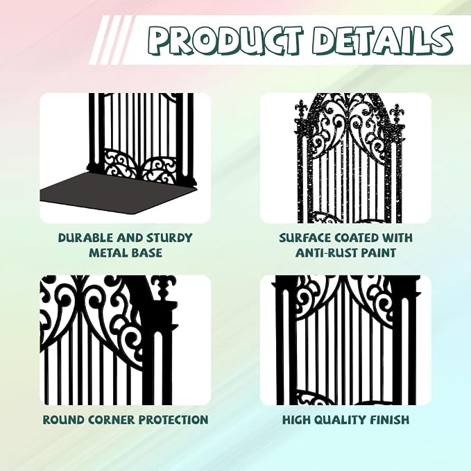 Peacoblue Metal Bookends for Shelves, Modern Decorative Heavy Duty Study Book Support Stoppers for Office, Desk, Shelf, Room 5.3"x4.3"x7.3" Cast Iron Simple Tall Bookends, 1 Pair (Gothic Gate)