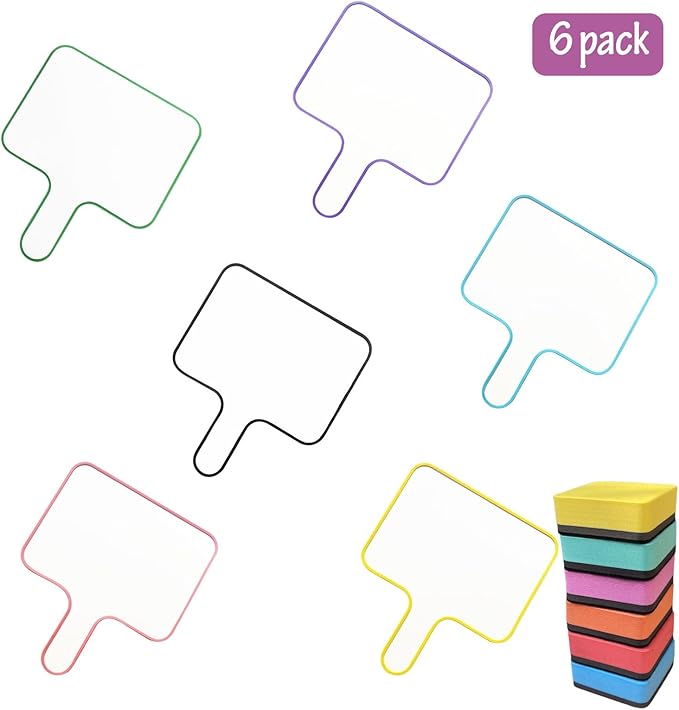 6 Pack Dry Erase Answer Paddles 10''x 8'' - Double Sided Handheld Mini Whiteboards with 6 Colorful Erasers Voting Auction Boards Small Writing Board for Office Classroom Teacher Supplies and Games