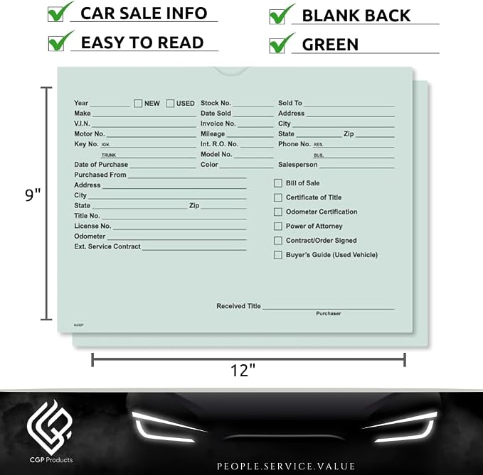 Printed Vehicle Deal Jackets Envelopes Folders for Auto Car Dealerships - 9x12 Size - Dealer Supplies - New and Used Cars - 100 Quantity (Green)