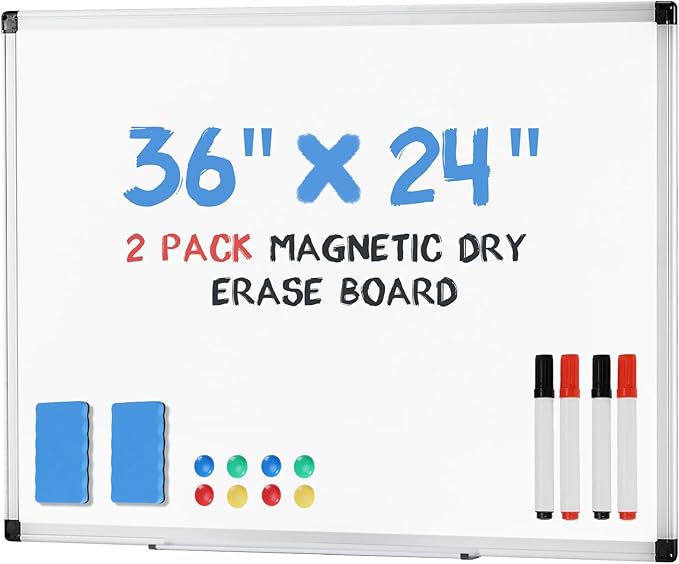 Magnetic Dry Erase Board & Whiteboard, 36 X 24 Inches, Silver Aluminum Frame, Comes with 1 Dry Eraser, 2 Dry Erase Markers 1 Pen Tray & 4 Push Pin Magnets