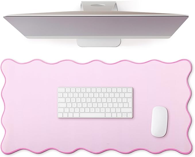 Hahafelt Scalloped Desk Mat Large Desk Pad Cute Coquette Table Mat Back to School Preppy Table Make up Pad Nonslip Graduation Gift with Stitching Waterproof Gaming(Pink,23.6 x 13.8 Inches)