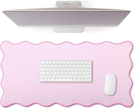 Hahafelt Scalloped Desk Mat Large Desk Pad Cute Coquette Table Mat Back to School Preppy Table Make up Pad Nonslip Graduation Gift with Stitching Waterproof Gaming(Pink,23.6 x 13.8 Inches)