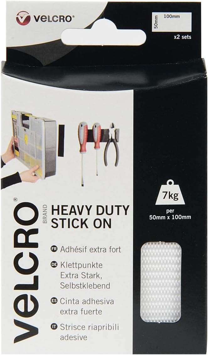 VELCRO Brand 2pk Heavy Duty White Stick On Strips 50mm x 100mm, Hook And Loop Tape Self Adhesive Strips, Industrial Extra Strong Double Sided Sticky Pads Heavy Duty Perfect for Home, Office & Garage