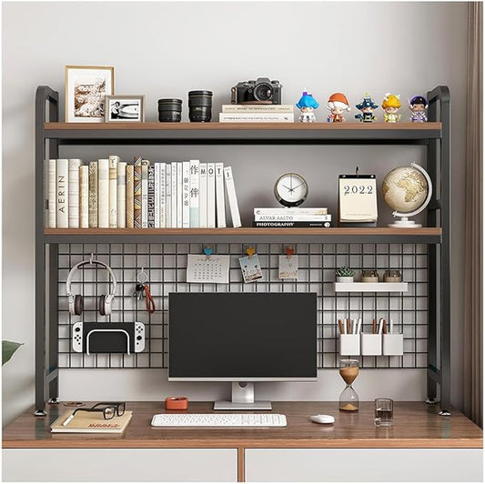 Desktop Hutch Bookshelf, 2-Tier Metal Desk Shelf with Grid Panel, Wooden Desktop Display Rack for Computer Monitor, Countertop Storage Organizer for Office Home Dorm (115cm Black)