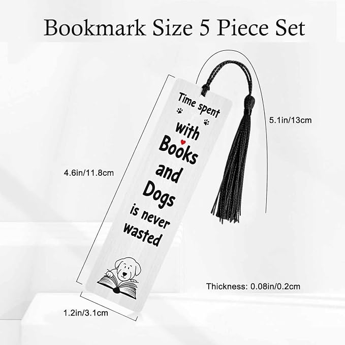 Puppy Reading Bookmarks 5 Pcs Spent Time with Books Wooden Bookmark with Tassels for Reading Book Lovers Gift Office School Readers Teacher