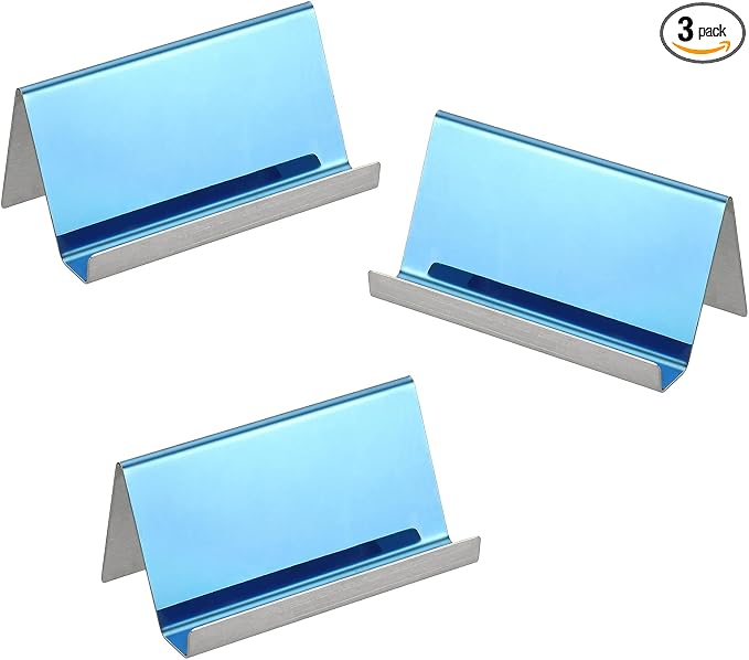 PATIKIL Business Card Holder for Desk, 3Pcs Business Card Holders Stainless Steel Card Stand Organizer Cards Display for Office Exhibition, Blue
