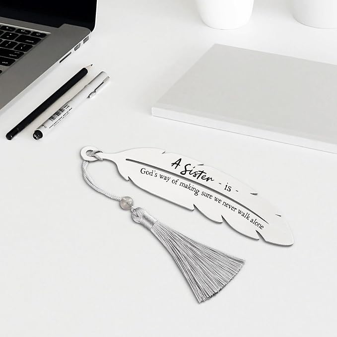 A Sister is God’s Way Bookmark, Inspirational Gift for Soul Sister & Best Friend, Christian Birthday Graduation, Christmas Gift for Women, Daughter, Metal Feather Bookmark with Tassel VBK216