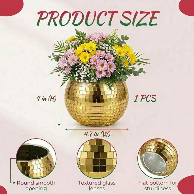 Disco Ball Pencil Holder for Desk - Cute Office Decor & Makeup Brush Organizer, 4.7 Inch Sparkly Glass Pen Cup, Fun Desk Accessories for Women (GOLD)