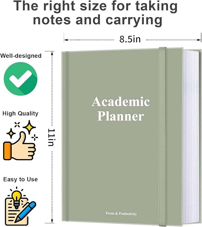 Academic Planner for 2026-2027 or Anytime – 8.5" x 11" Undated Weekly Student Planner For Homeschool, High School, College & Nursing Students, 200 Pages, Green
