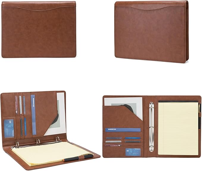Personalized Vegan Leather 3 Ring Binder, Custom 8.5 x 11 Letter Size Folio with Pen Holder, Soft Notebook Portfolio Cover, Notepad Padfolio Organizer for Meeting, Brown