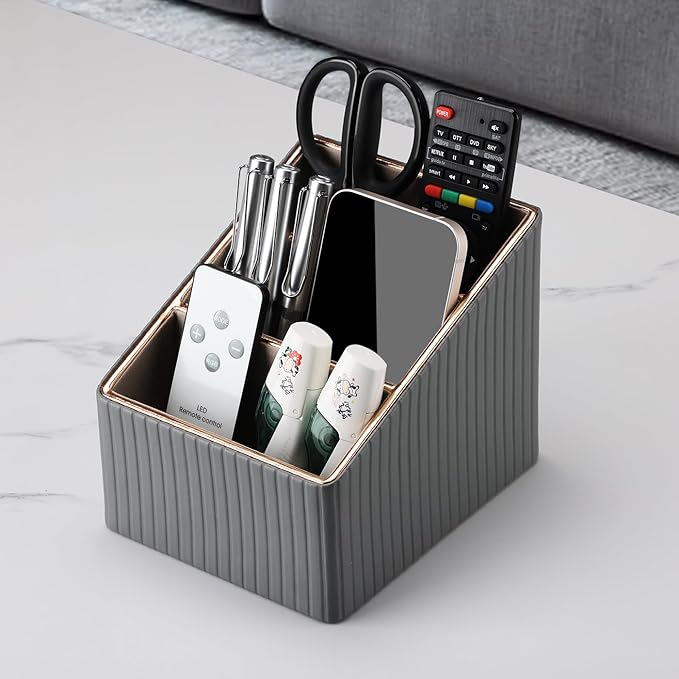 KINGFOM 3 Slot PU Leather Remote Controller Holder, Home Sundries Storage Box, TV Guide/Mail/CD Organizer/Caddy/Holder with Free Cable Desk Organizer (Gray)