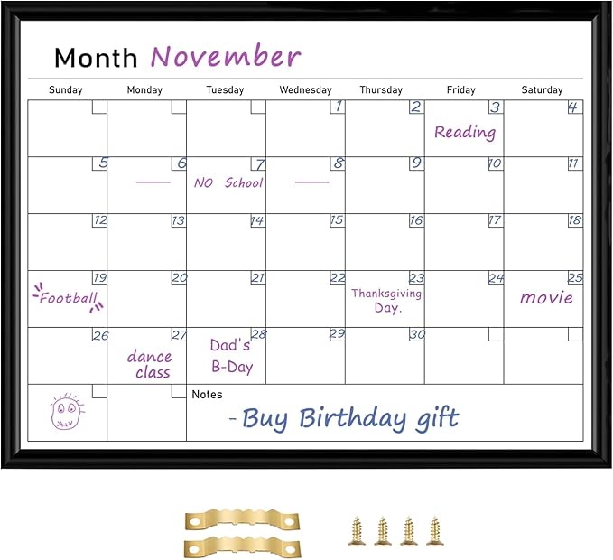 Umtiit Monthly Calendar Dry Erase Whiteboard 13 x 17 inch(33 x 43 cm), Black Wood Frame, Magnetic Surface Whiteboard for Planning/Schedule/School Timetable/Memo(BK-3343C,US)