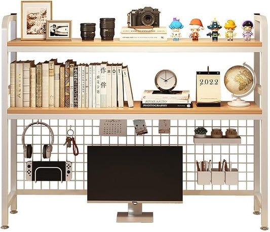 Desktop Hutch Bookshelf, 2-Tier Metal Desk Shelf with Grid Panel, Wooden Desktop Display Rack for Computer Monitor, Countertop Storage Organizer for Office Home Dorm (115cm White)