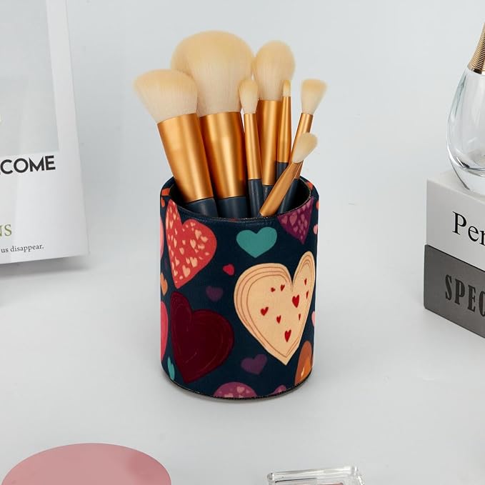 Seamless Hearts Pattern Pen Pencil Holder for Desk, Large Round Pen Pencil Cup, Decorative Desk Stationery Organizer for Home, Office, Classroom
