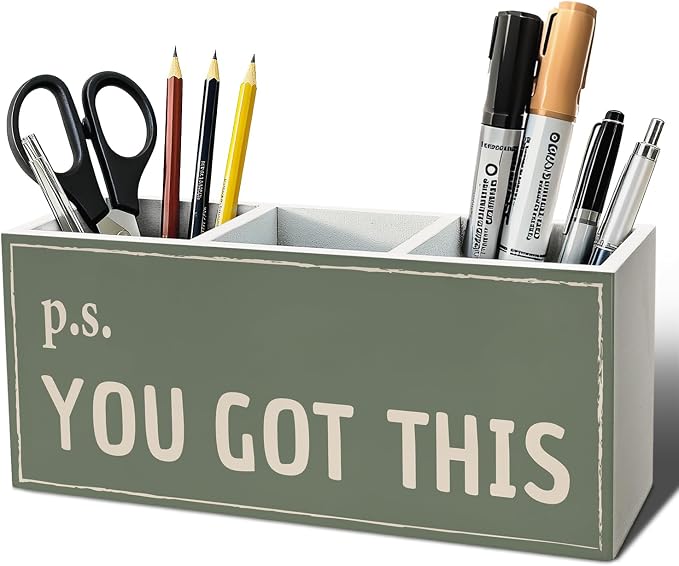 Green Inspirational Office Pen Pencil Holder, Inspirational Encouragement Gifts Wood Desk Organizer and Accessories, You Got This Motivational Pen Holder Desk Organizer for Office Tabletop