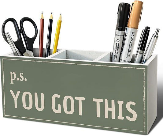 Green Inspirational Office Pen Pencil Holder, Inspirational Encouragement Gifts Wood Desk Organizer and Accessories, You Got This Motivational Pen Holder Desk Organizer for Office Tabletop