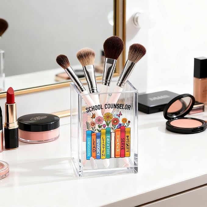 School Counselor Acrylic Pen Holder Cosmetic Organizer, Fun Pencil Pen Holder for Desk, Reading Nook Accessories for Teacher, Back To School Appreciation Gifts for Counselor Psychology Therapist