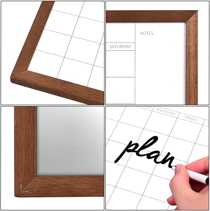 TORASO Dry Erase Monthly Calendar Board, Solid Wood Frame Magnetic Whiteboard for Wall, Office/School/Home, Walnut Brown Frame Hanging Board 12"x 16"(YL-WB-3040-A)