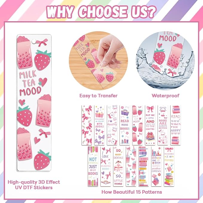 Peacoblue 30pcs UV DTF Bookmarks Transfer Stickers Wraps Pink Bow and Book for Women Men Reading, Waterproof Bookmarkers Decal(No Blank Bookmarks) for Acrylic Plastic Metal Blank Bookmark
