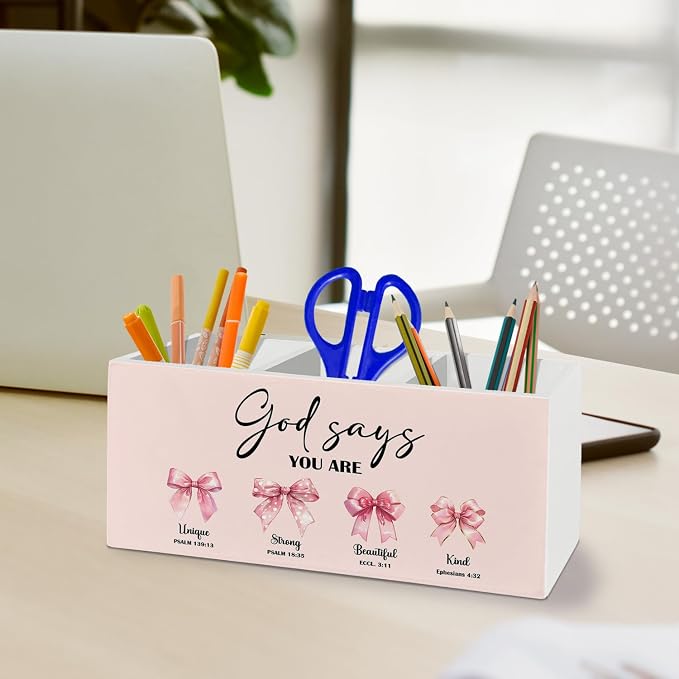 Pink Coquette Bow Christian Pen Pencil Holder Organizer for Desk Accessories, God Says You Are Bible Verse Inspirational Preppy Wooden Box Sign Desk Decor for Girly Bedroom Dorm Decoration