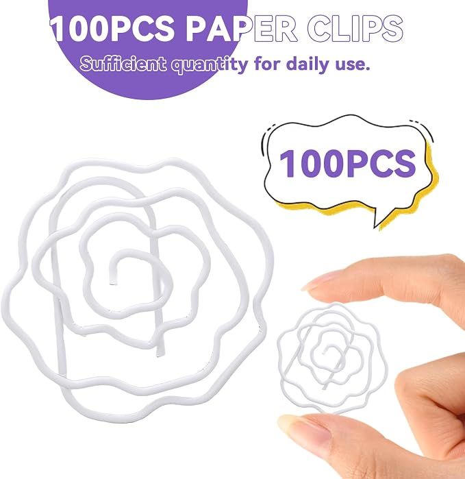Flower Shaped Paper Clips, 100PCS Floral Paper Clips White Rose Shape Paperclips Decorative Paperclips Bookmarks with Box for Office Home School Supplies