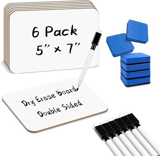 6-Pack Dry Erase Boards 5" x 7" Double-Sided Mini Whiteboard Set – Includes Markers & Erasers – Perfect for Students, Teachers, and Classroom Use