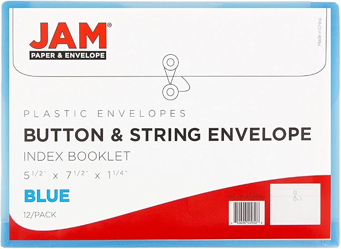 JAM PAPER Plastic Envelopes with Button & String Tie Closure - Index Size - 5 1/2 x 7 1/2 - Blue - 12/Pack