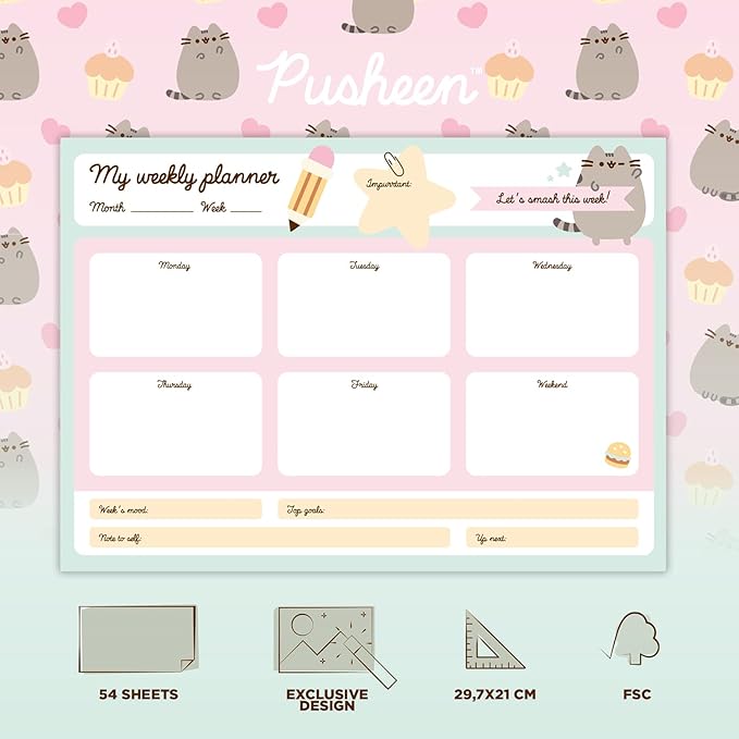 To Do List Notepad Pusheen Calendar A4 | Daily, Weekly Planner | ADHD Planner Pad | 54 Tear-Off Sheets 90 gsm | Pusheen Stationery | Improve Productivity | Task Planner