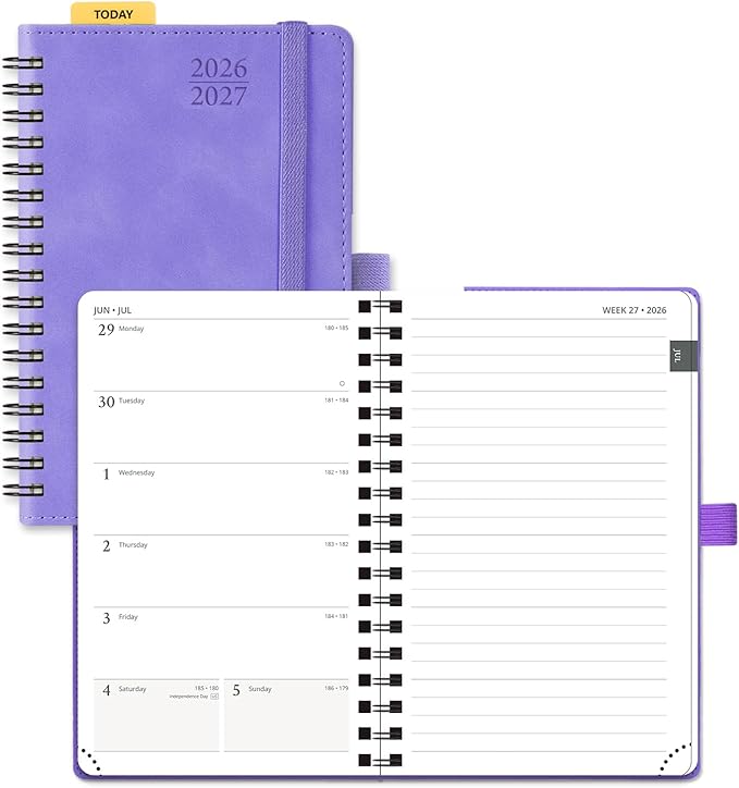 POPRUN Pocket Planner 2026-2027 (JUL 26-JUN 27), Purse Size 4" x 6.25", Small Pocket Calendar for Purse, Academic Weekly and Monthly Calendar with Ruler, Spiral Softcover, 100GSM - Lilac