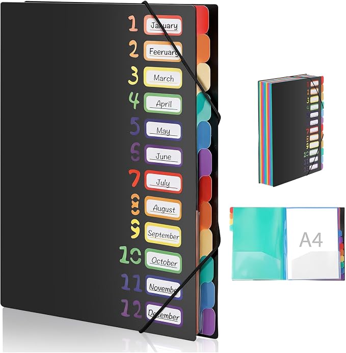 1 Pack Expanding File Folder with 12 Pockets: A4 Accordion Document Organizer with Elastic Closure & Rainbow Tabs, Portable PP Plastic File Holder for Office, School, Home (Black-1 Pack)