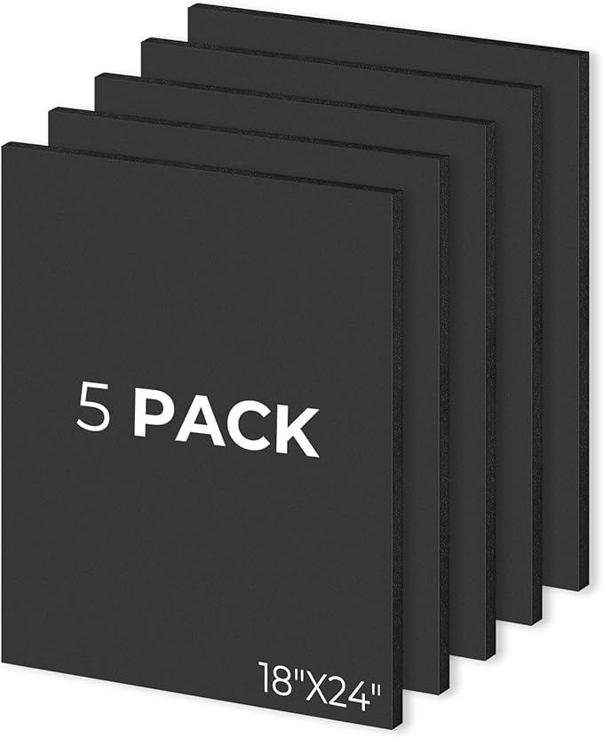 Mat Board Center, Pack of 5, 18X24 Foam Boards Acid Free Black Foam Core Boards for Mounting, Crafts, Display, Presentation and Projects, 3/16" Thick