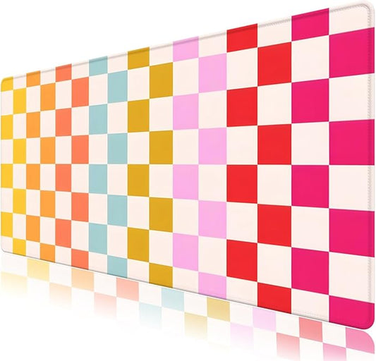 Desk Mat for Keyboard and Mouse, Non-Slip Large Mouse Pad Keyboard Pad, Computer Mats for Desktop, Cute Desk Pad with Stitched Edges for Office, Gaming I Rainbow Checkerboard