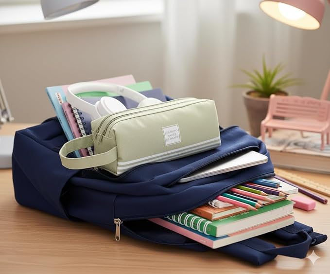 Large Capacity Green Pencil Organizer with 2 Zipper Pockets, Multi Purpose Pouch, Canvas Stationery Bag for School and Office Supplies, Multi-Purpose Pen Pouch and Travel Storage Case (Green)