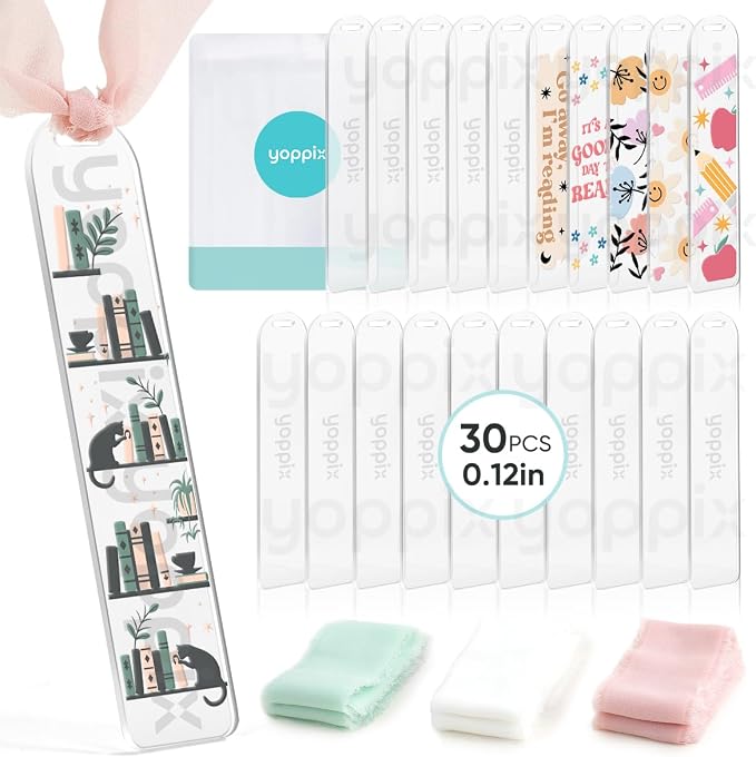 YOPPIX 30 Pieces Acrylic Bookmark Blanks- 3mm Thicken Clear Acrylic Bookmarks with 30 Pcs Ribbon for Reading Lovers DIY Crafts Presents, Graduation Back to School Presents