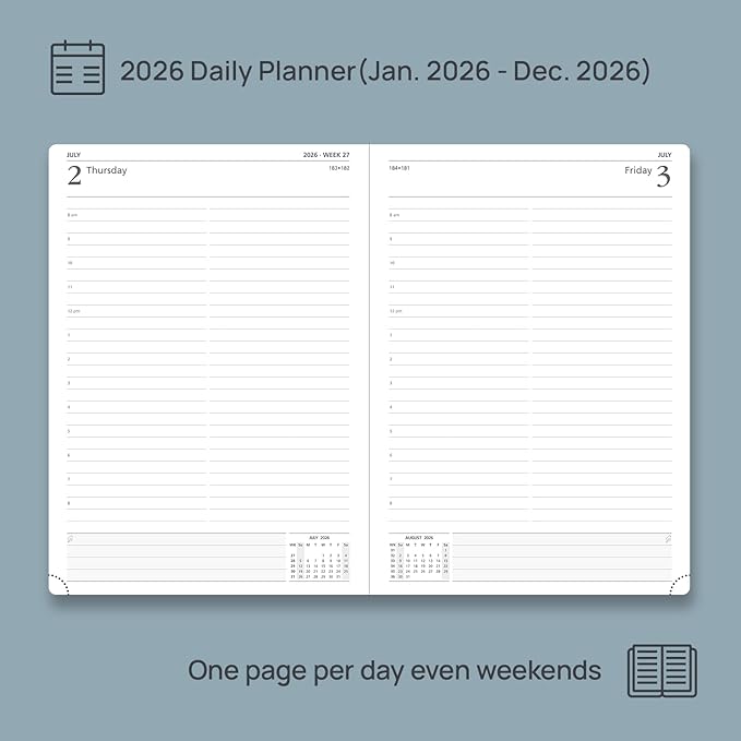 POPRUN 2026 Daily Planner One Page Per Day Even Weekends A4 Large Size (8.5" x 12") - 12 Months Calendar Hourly Appointment Book with Inner Pocket, Pen Holder, Hardcover - Light Yellow