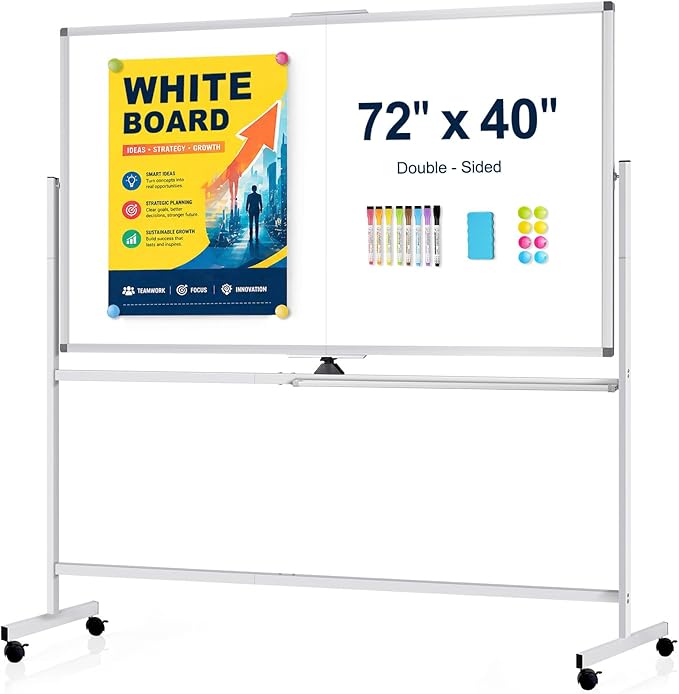 Large Rolling Whiteboard Dry Erase, 72" x 40" Double-Sided Mobile White Board with Stand, Giant Magnetic Dry Erase Board on Wheels for Office, Home & School
