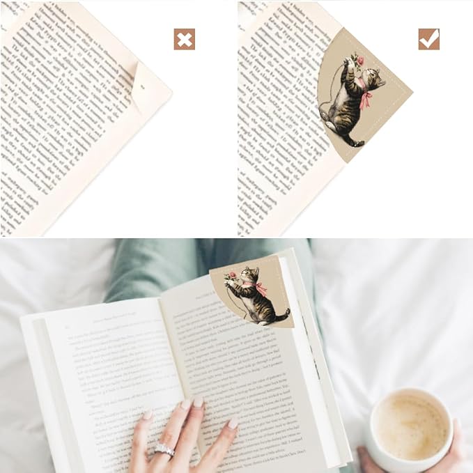 2PCS PU Leather Bookmarks 3.5x3.5 Inch Cat Rose Design | PU leather bookmarks with cat and pink rose design for novels, journals, planners, students, teachers and book lovers.