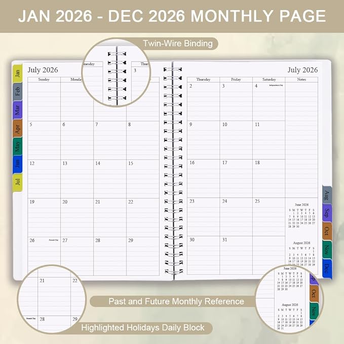 2026 Planner - Planner 2026 for Women & Men, January 2026 - December 2026, Monthly and Weekly Calender with 12 Monthly Tabs, 6.4" x 8.5", Beige