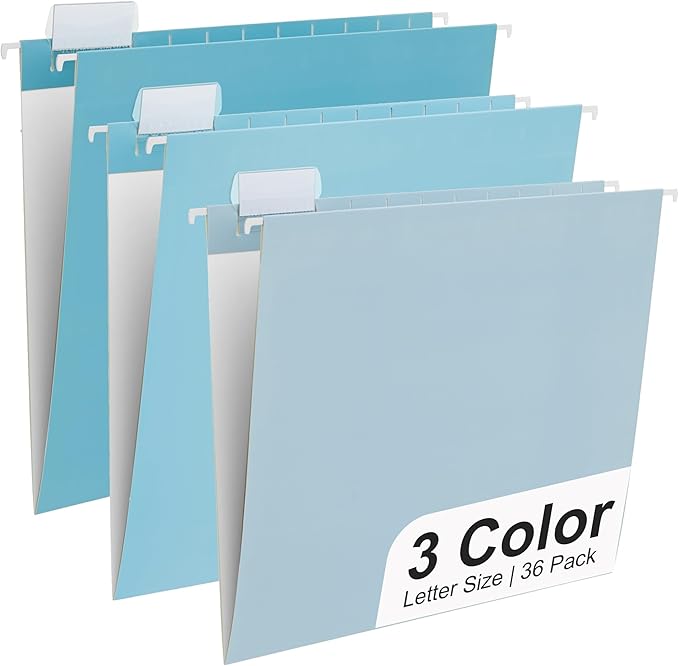 Y YOMA 36 Pack Gradient Hanging File Folders Letter Size Decorative Hanging Folder Pretty File Folder Organizer for Filing Cabinet Office Home with 1/5-Cut Adjustable Tabs, Lake Blue