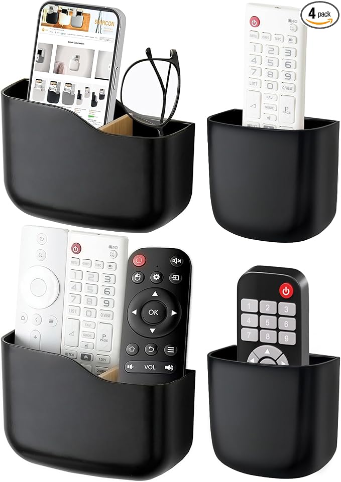 Remote Holder Wall Mount TV FAN Remote Control Holder Bedside Caddy Wall Organizer Phone Holder for Office Adhesive Media Player Controller Holder Box Tray Home Desk Nightstand 2 BIG 2 SMALL BLACK