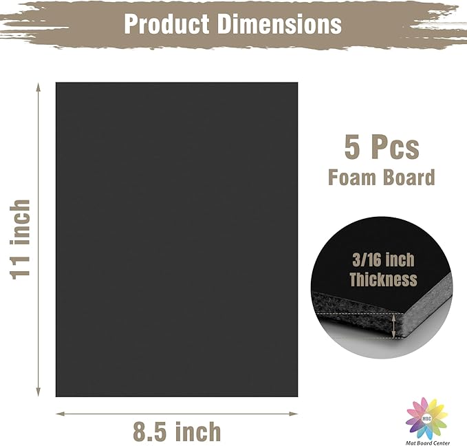Mat Board Center Pack of 5, 8.5x11 Foam Boards Acid Free Black Foam Core Boards for Mounting, Crafts, Display, Presentation and Projects, 3/16" Thick