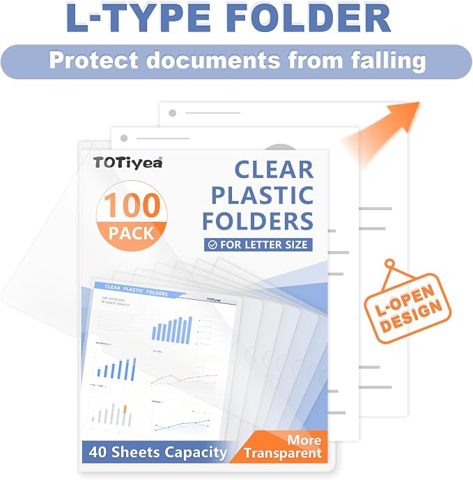 TOTiyea 100 Pack Clear Folder, 7Mil Plastic L-Type Folders, Clear Copy Safe Project Pocket, Fits Letter Size 8.5x11 Paper, Transparent
