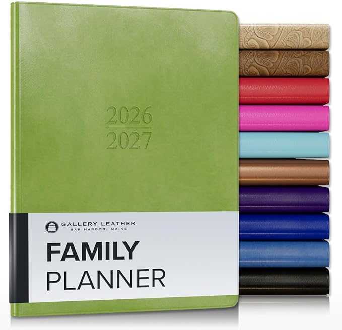 Gallery Leather Family Planner 2027, for moms, Elegantly Bound Calendar Planner and Notebook with Stylish White Page Edges, 18 Months - Acadia Lime - 9x7"