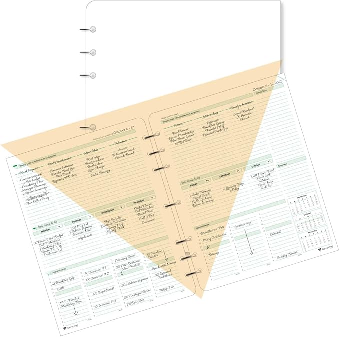 Planner Pad 7 Hole Loose Leaf 3-Tier Funnel Down 12 Month Organizer, October 2025 – September 2026, Soft Green Ink, 8 1/2" x 11”