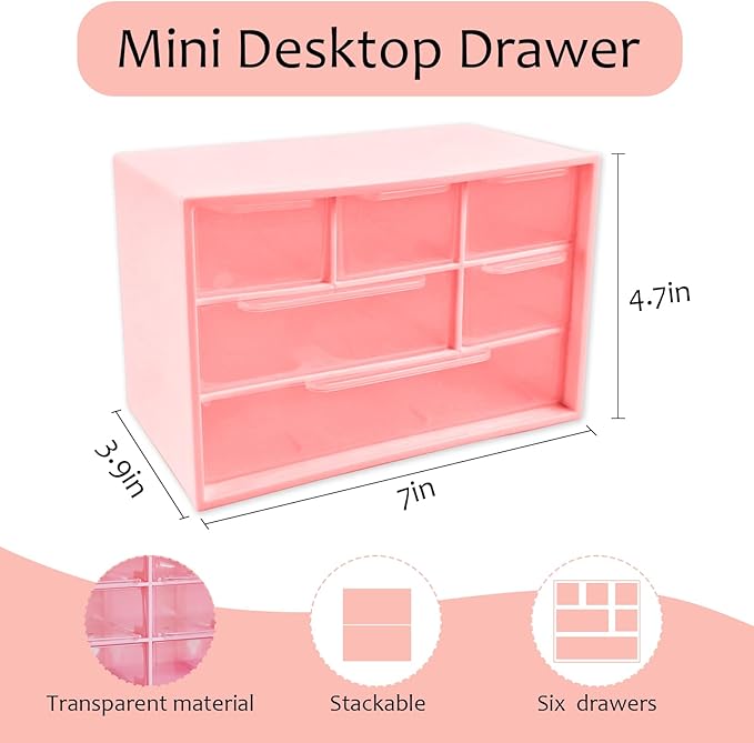 Mini Desk Drawer Organizer with 6 Clear Drawers - 7" x 3.9" x 4.7" Small Plastic Storage Box for Office, Classroom, Crafts, and Home Desktop Organization