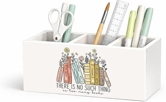 Books & Flowers Pen Holder, Inch Desk Organizer, “There Is No Such Thing as Too Many Books” Colorful Desk Storage for Pens, Pencils, Scissors – Teacher, Student, Book Lover Gift