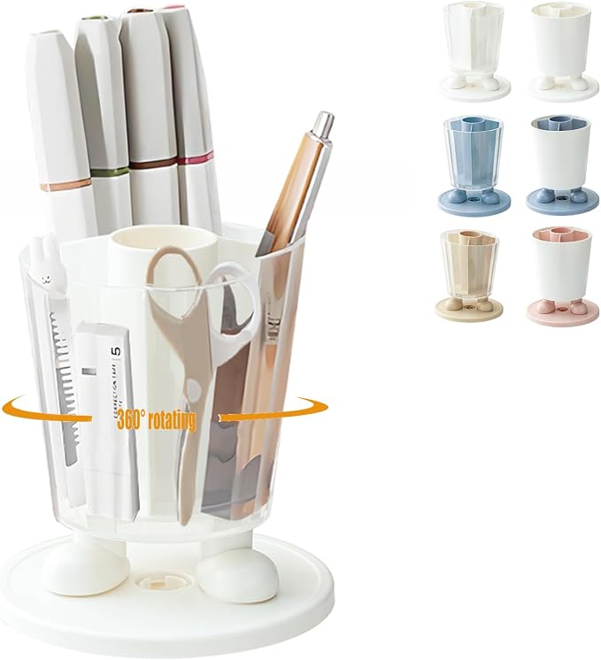 360°Rotating Pen Holder Desk Organizer - 4 Compartments Removable of Marker Holder Organizer Aesthetic Desk Decor,Suitable for Decorating And Organizing At Home, Office And School(Transparent&White)