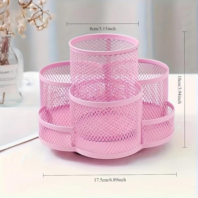 Grid Desktop Storage Box, 7-Compartment Individual Storage Boxes, Rotatable, Metal Material, 6.89 inches wide, 3.94 inches high (Pink)