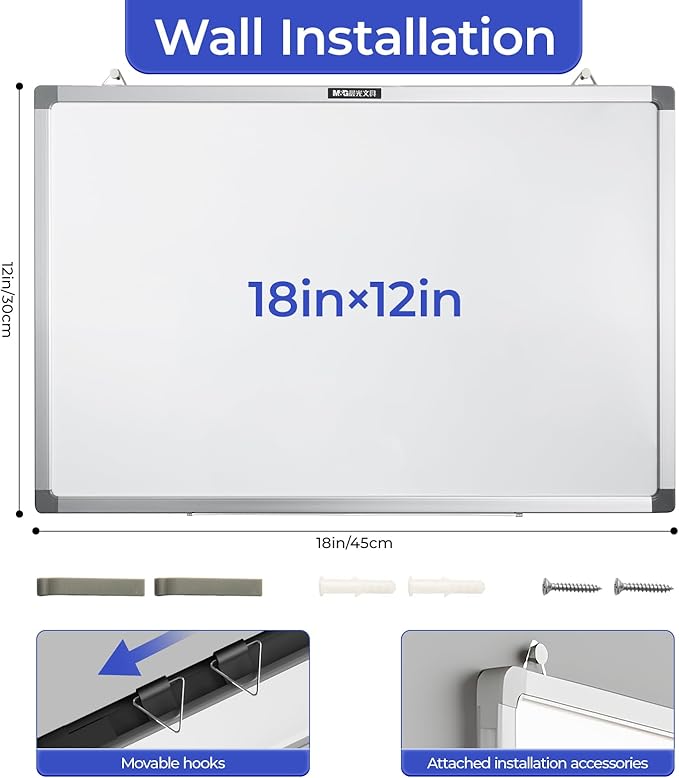 M&G Dry Erase Board Magnetic White Board for Wall, 18” x 12” Small Whiteboard with 2 Markers & 2 Magnets & 1 Eraser, Portable Whiteboard for Planning, Drawing, to Do List, Office Use